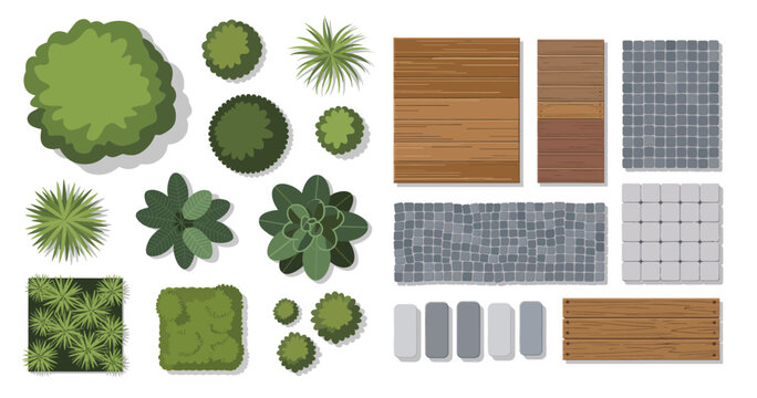 Landscape design elements in top view, garden plan symbols with trees and plants, architectural site map icons with wood and stone textures