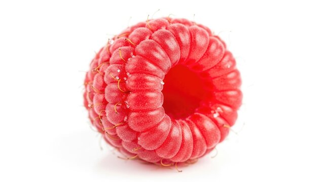 Close up of a fresh red raspberry fruit isolated on white background
