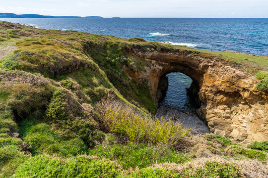 Furna Furada natural rock arch on the coast of Cai&oacute;n, Galicia.