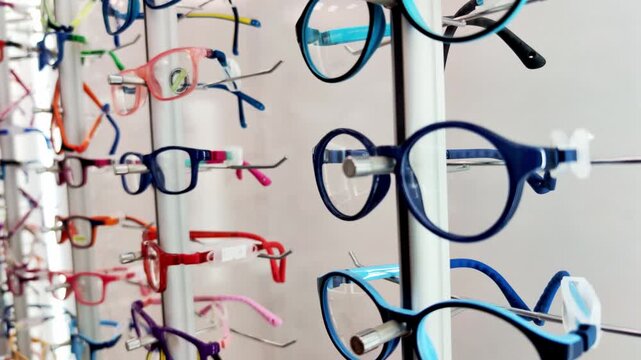Numerous eyeglasses displayed on white rack in optical shop. Frames feature bright colors like blue, pink, red, offering choices for vision correction, eye health, personal style. Product variety for 