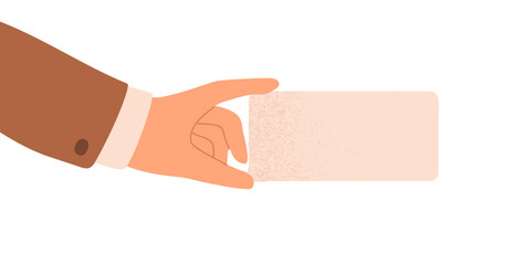 Obraz premium Hand holding blank card, advertising, showing empty paper background. Business arm with message, comment, feedback, opinion, speech bubble between fingers. Flat vector illustration isolated on white