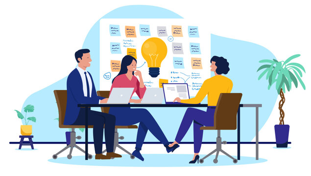 Creative business team collaborating around table with laptops and large light bulb idea icon, professional colleagues brainstorming with sticky notes in office, flat design vector illustration