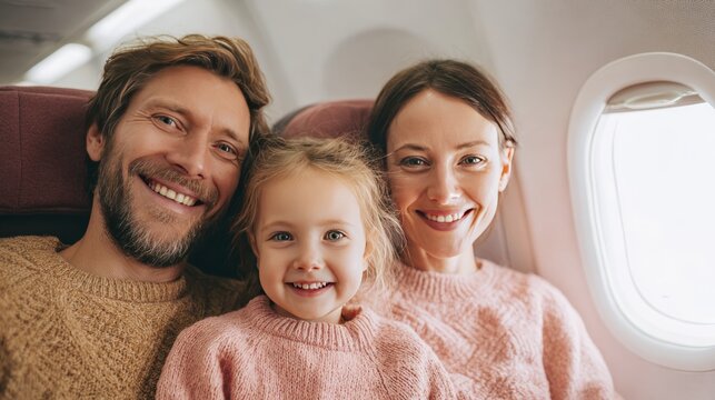 Happy family enjoying flight together in airplane cabin