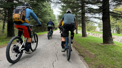 Fototapeta premium Group of cyclists mountain biking on a tree-lined paved trail during an outdoor adventure