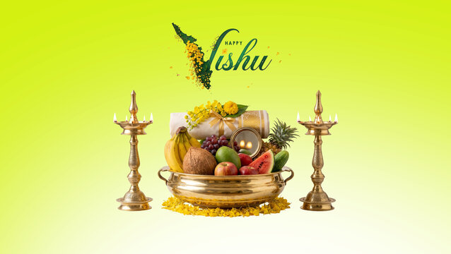 AI Generated Happy Vishu Design with Kerala Map Shaped V, Vishu Kani and Traditional Lamps on Green Background