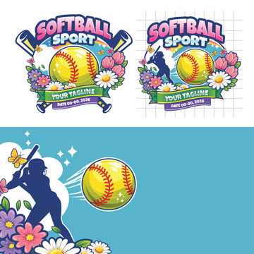 Spring softball logo. Softball champions logo badge. Softball team design with theme  spring