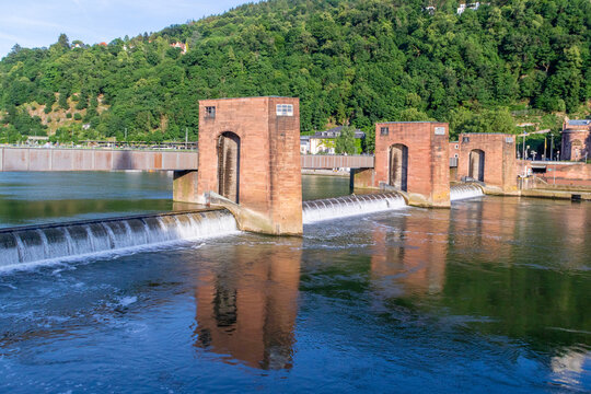 Neckar Barrage for inland navigation in Heidelberg. Weir with Hydroelectric Power Plant.