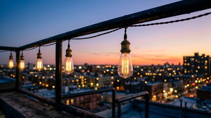 Obraz premium Vintage edison light bulbs on rooftop terrace at sunset, glowing string lights over urban cityscape, warm outdoor patio lighting for evening event