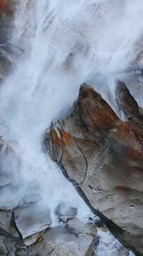 Aerial view of Shannon Falls. Water rushing down the canyon. Canada