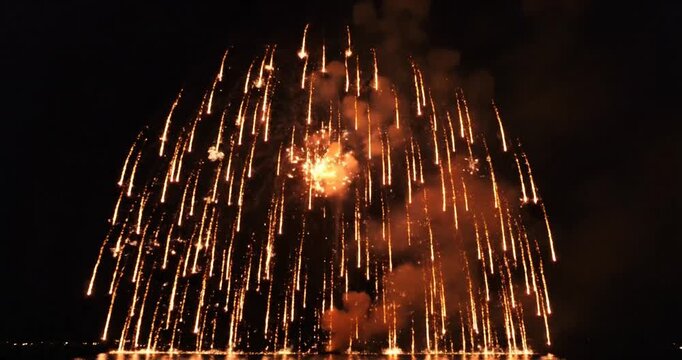 Fireworks explode in night sky.
