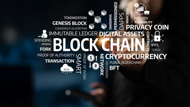 Visual representation of blockchain technology highlighting key terms like digital assets, cryptocurrency, and smart contracts, illustrating its impact on modern finance and innovation. Tessel