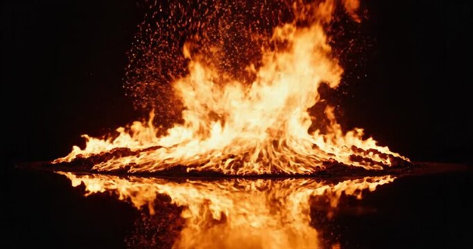 Fire burning on water surface at night.