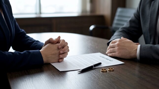 Solemn moment as hands rest on a legal document with wedding rings, symbolizing the difficult finalization of a divorce settlement or a significant marital separation agreement