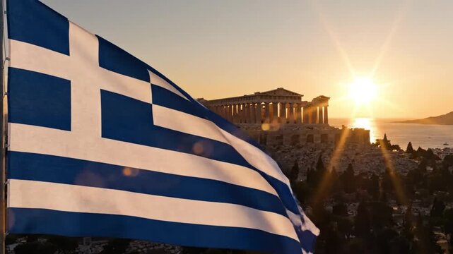 Greek Flag Waving with Parthenon Acropolis of Athens Background at Sunrise
