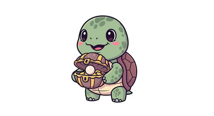 Obraz premium Cute Cartoon Turtle Character Holding an Open Treasure Chest with a Large Pearl and Gold Coins
