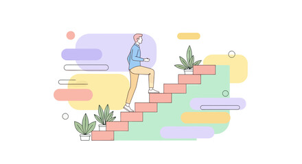 Fototapeta premium Businessman Climbing Stairs for Career Growth and Professional Success Concept, Flat Vector Illustration