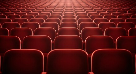 Fototapeta premium Rows of empty red theater seats create a symmetrical pattern leading into the distance with soft lighting and a cinematic atmosphere