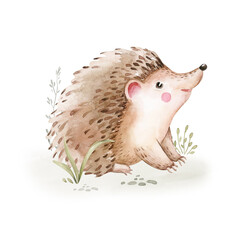 Watercolor cute sleeping baby hedgehog animal. Woodland nursery isolated illustration for children. for children. watercolour stump and acorn forest drawing with floral elements. Butterfly © kris_art