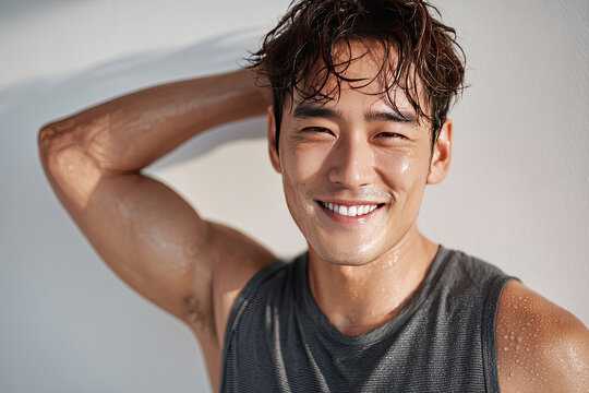 Smiling Korean man with wet hair poses confidently, his toned arm and joyful. bright background vibrant mood of image
