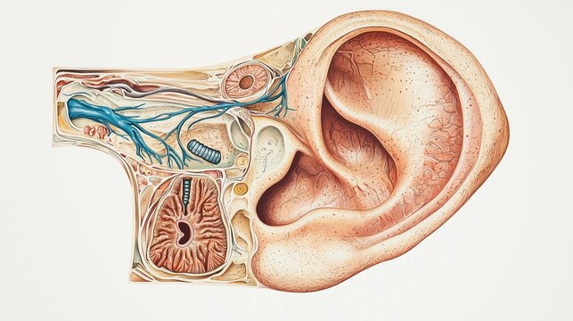 National Speech-Language-Hearing Month: medical illustration of a human ear cross-section anatomy, showing outer ear canal, eardrum, cochlea, ossicles, auditory nerve in precise anatomical detail