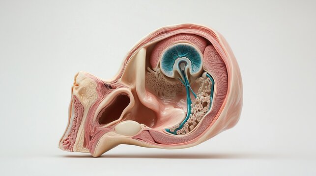 National Speech-Language-Hearing Month: scientific anatomical cross-section of a human ear, showing outer ear canal, eardrum, cochlea, ossicles and auditory nerve