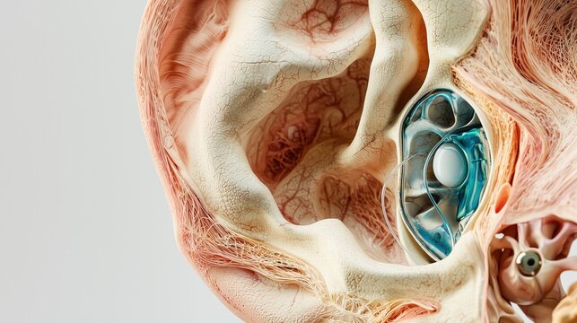 National Speech-Language-Hearing Month: scientific anatomical cross-section of a human ear, showing outer ear canal, eardrum, cochlea, ossicles and auditory nerve