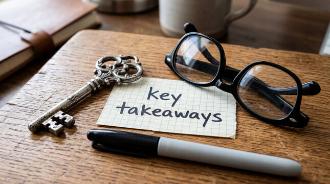 Vintage ornate silver key with reading glasses and a black marker on a wooden table next to a piece of paper with the handwritten text key takeaways for business concept and educational learning