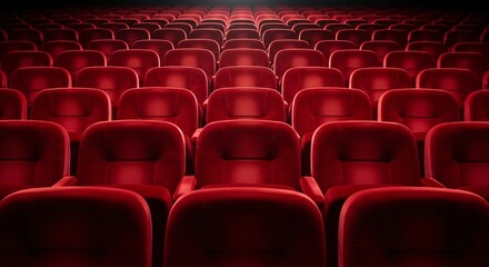 Fototapeta premium Rows of plush red velvet theater seats in a cinema auditorium arranged in symmetrical lines offering an inviting atmosphere for moviegoers ready for a captivating cinematic experience