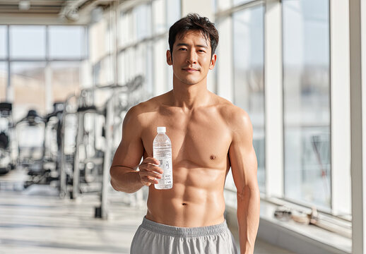 Fit asian man stands in gym holding water bottle, healthy lifestyle. bright, spacious environment emphasizes his dedication to fitness and well being