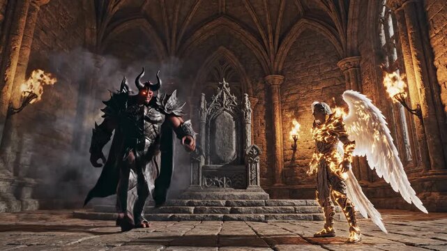 Golden Angel Faces Shadow Portal Inside Cathedral, Golden Angel In Flaming Armor With Wings Stands On Stone Steps Confronting Swirling Purple Void Portal That Births Horned Shadow Lord Torchlit Gothic