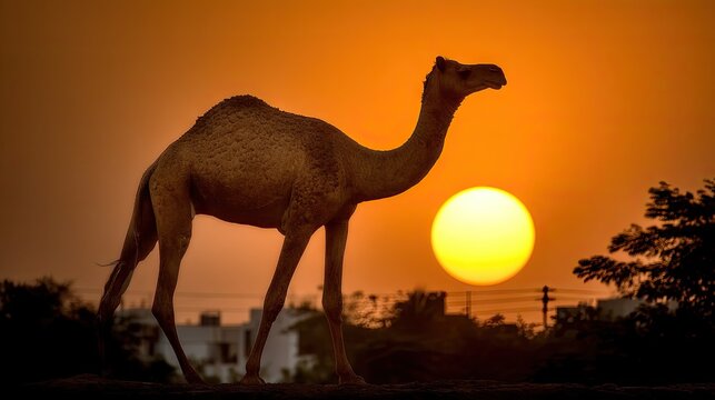 Silhouette Camel Walking at Sunset Near Urban Edge