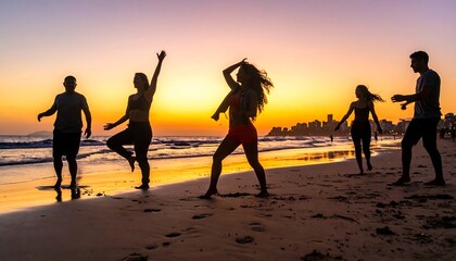 Fototapeta premium Silhouettes of People Dancing on Beach at Sunset.