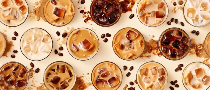 Pattern of various iced coffee drinks and espresso shots with scattered coffee beans