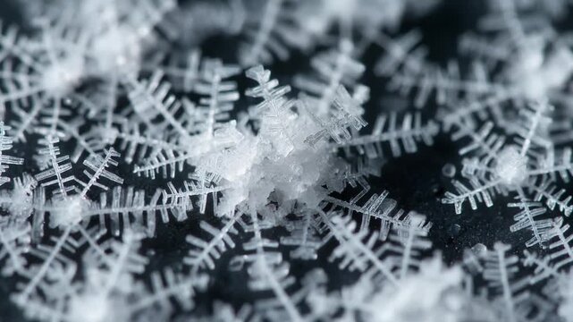 Salt crystallization process, white crystals growing over time on dark surface, branching fractal structure expanding slowly, macro lens, sharp texture detail, cold lighting, scientific visualization 