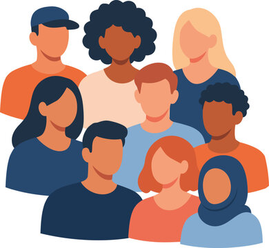 Diverse group of people standing together representing multicultural community and inclusion flat vector illustration.