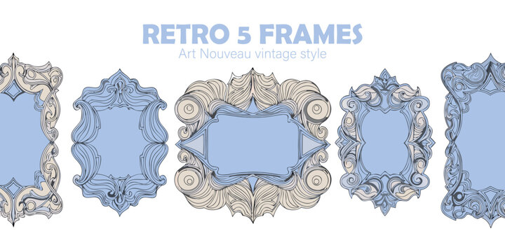 Set of antique Victorian vector borders featuring ornate floral ornaments and baroque swirl patterns on white and blue backgrounds for elegant frame design.