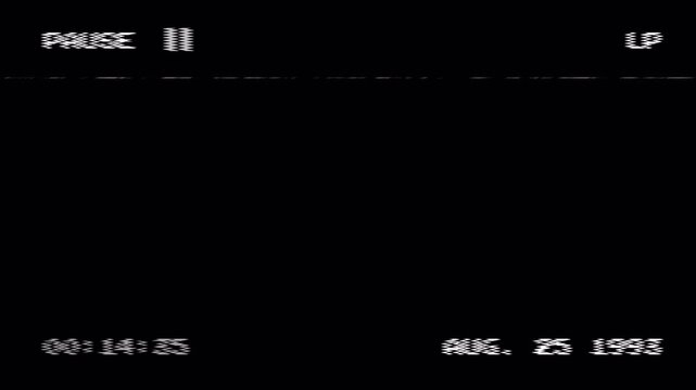 Retro VHS pause overlay with analog distortion, timecode, and date stamp on dark screen for editing. Analog VHS pause screen with pause text, tape noise, signal distortion, glitchy for media. 4K Video