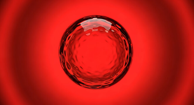 Abstract artistic composition featuring fluid red bubbles floating in a crimson liquid atmosphere, glossy scarlet spheres with organic shapes and reflective surfaces, vibrant ruby background.