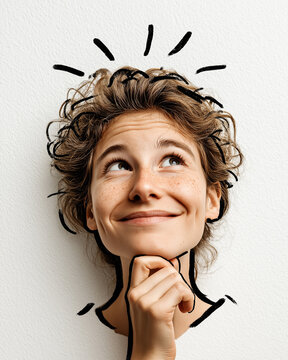 A Moment of Clarity: A person's face radiates with the light of a brilliant idea as they look upward, hand under chin, an artistic stroke of thought surrounding the head. 