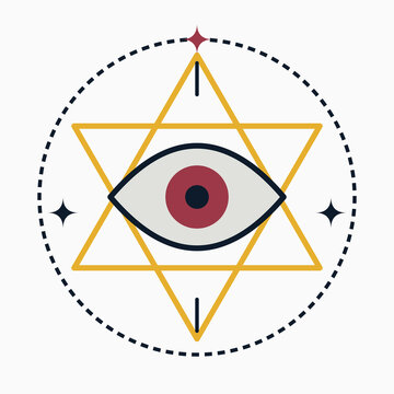 Geometric mystical all-seeing eye inside a golden merkaba star emblem.
