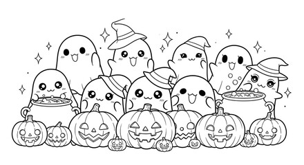 Obraz premium Halloween ghosts and jack-o-lanterns illustration.