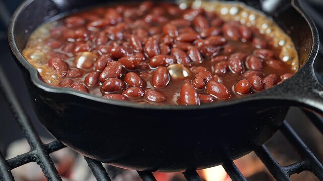 Delicious Red Kidney Beans Cooking in Cast Iron Skillet Over Fire on Grill Grate Outdoor Scene