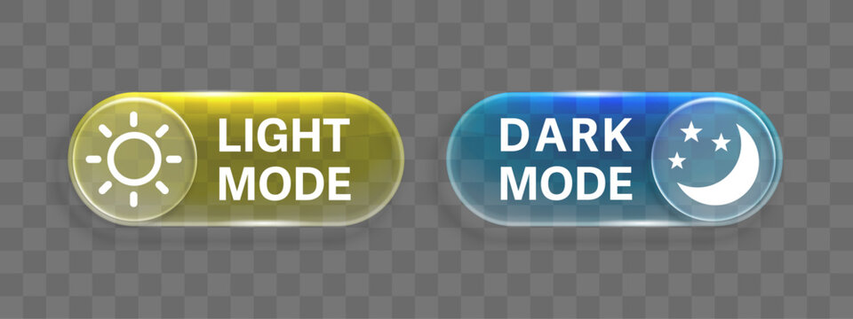 Dark and Light Mode Toggle Button Set &ndash; Liquid Glass Glassmorphism UI Switch Icons for Day and Night Interface Vector