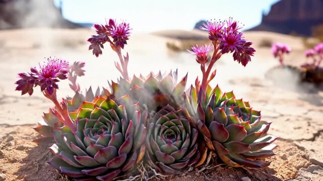 Succulent rosettes with tiny pink flowers pulsing in desert heat mirage.