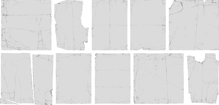 Realistic paper texture overlay, grunge rectangle frames with creases and worn edges. Distressed poster template, old vintage photo torn in pieces, retro album cover border overlays vector set