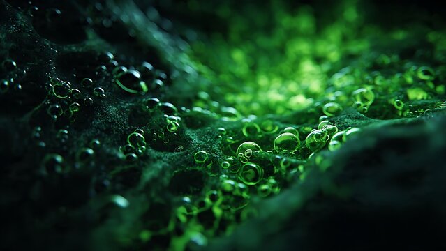 Abstract Macro Background of Glowing Green Bubbles and Organic Texture, Bioluminescent Algae or Toxic Slime Concept for Science and Nature Design