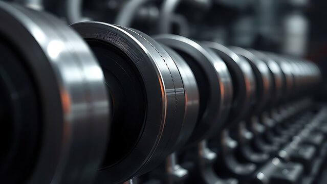 camshafts. Close-up of precision-engineered engine camshafts on a dark background. safety posters, maintenance manuals, designed for industrial assembly lines and welding operations.