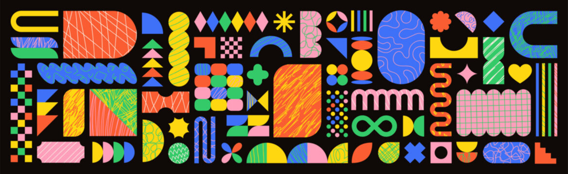 Colorful geometric shapes with hand drawn pencil scribbles, textured geometric forms. Retro groovy stickers, fun abstract forms and basic figures, playful childish swiss aesthetic element vector set