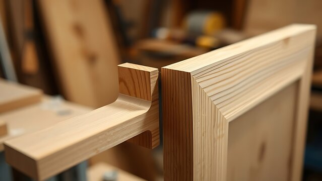 miter. Two wooden picture frame pieces with a perfect miter joint in a workshop. safety posters, maintenance manuals, designed for industrial assembly lines and welding operations.