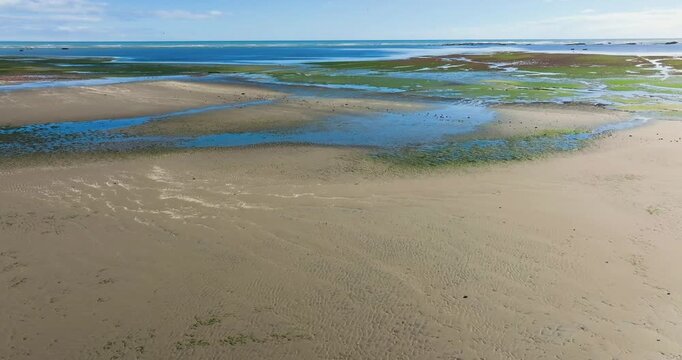 4K video; Forward drone flight over sandy beach with tidal pools towards the atlantic ocean, Patagonia Argentina